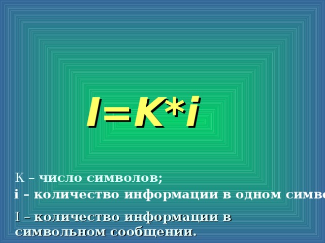 I=K*i К – число символов; i – количество информации в одном символе;  I  –  количество информации в символьном сообщении.