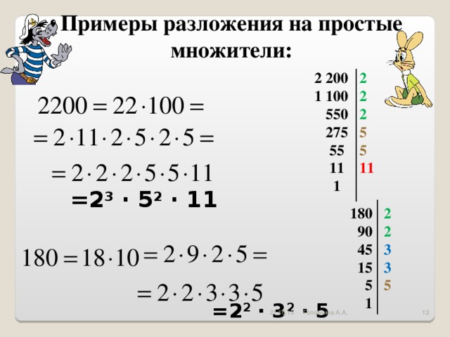 Примеры разложения на простые множители: 2 200 2 1 100 2  550 2  275 5  55 5  11 11  1 =2 3 · 5 2 · 11 180 2  90 2  45 3  15 3  5 5  1  =2 2 · 3 2 · 5 21.10.16  Головнина А.А.