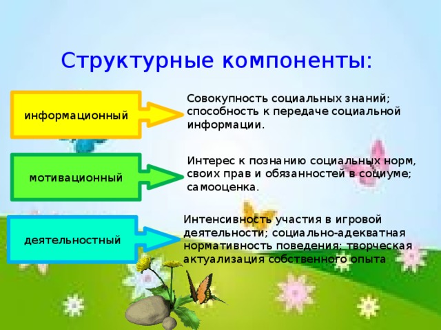 Структурные компоненты: Совокупность социальных знаний; способность к передаче социальной информации. информационный Интерес к познанию социальных норм, своих прав и обязанностей в социуме; самооценка. мотивационный Интенсивность участия в игровой деятельности; социально-адекватная нормативность поведения; творческая актуализация собственного опыта деятельностный