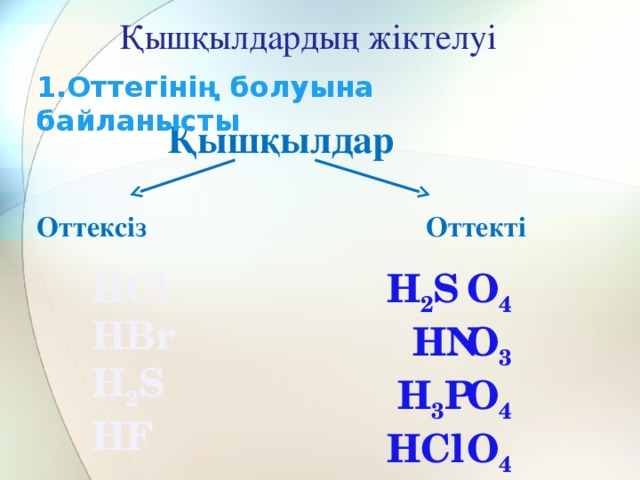 Қышқылдардың жіктелуі 1.Оттегінің болуына байланысты Қышқылдар  Оттексіз Оттекті  НСl Н 2 S  НN Н 3 Р  НСl О 4 НВr О 3 Н 2 S О 4 НF О 4