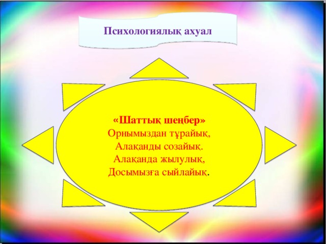 Психологиялық ахуал « Шаттық шеңбер» Орнымыздан тұрайық, Алақанды созайық. Алақанда жылулық, Досымызға сыйлайық .