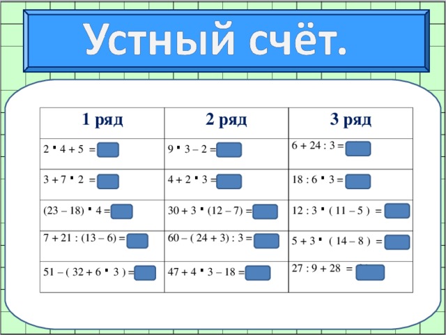 1 ряд 2 ряд 2 ∙ 4 + 5 = 13 3 ряд 9 ∙ 3 – 2 = 25 3 + 7 ∙ 2 = 17 4 + 2 ∙ 3 = 10 6 + 24 : 3 = 14 (23 – 18) ∙ 4 = 20 18 : 6 ∙ 3 = 9 30 + 3 ∙ (12 – 7) = 45 7 + 21 : (13 – 6) = 10 60 – ( 24 + 3) : 3 = 51 51 – ( 32 + 6 ∙  3 ) = 1 12 : 3 ∙ ( 11 – 5 ) = 24 47 + 4 ∙ 3 – 18 = 41 5 + 3 ∙ ( 14 – 8 ) = 23 27 : 9 + 28 = 31