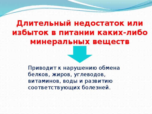 Длительный недостаток или избыток в питании каких-либо минеральных веществ Приводит к нарушению обмена белков, жиров, углеводов, витаминов, воды и развитию соответствующих болезней.