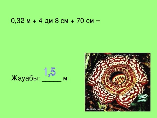 0,32 м + 4 дм 8 см + 70 см = Жауабы: _____ м