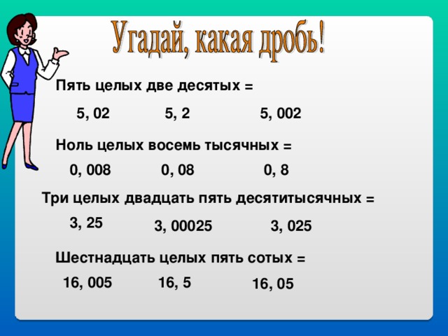 5 десятитысячных. Две целых пять десятых. Ноль целых ноль десятых. Ноль целых две десятых. Три целых пять десятых.