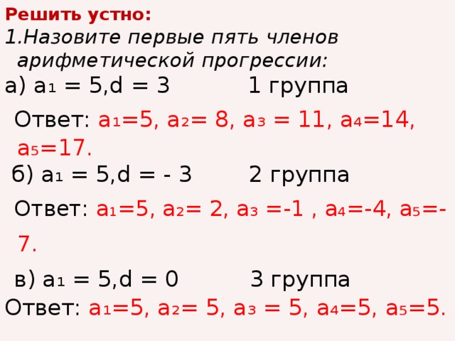 Решить устно: 1.Назовите первые пять членов арифметической прогрессии: а) а₁ = 5,d = 3 1 группа  Ответ: а₁=5, а₂= 8, а₃ = 11, а₄=14, а₅=17.  б) а₁ = 5,d = - 3 2 группа  Ответ: а₁=5, а₂= 2, а₃ =-1 , а₄=-4, а₅=-7.    в) а₁ = 5,d = 0 3 группа Ответ: а₁=5, а₂= 5, а₃ = 5, а₄=5, а₅=5.