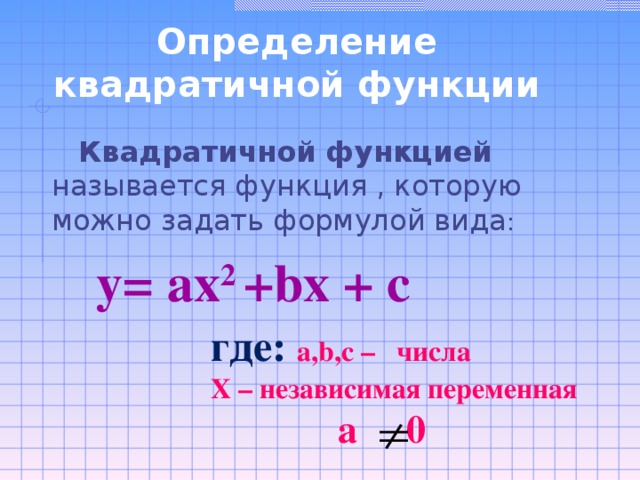 Определение квадратичной функции Квадратичной функцией называется функция , которую можно задать формулой вида : y= ax 2 +bx + c где: a,b,c – числа Х – независимая переменная  а 0
