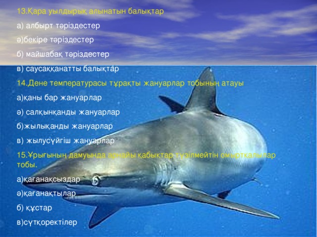 13.Қара уылдырық алынатын балықтар а) албырт тәріздестер ә)бекіре тәріздестер б) майшабақ тәріздестер в) саусаққанатты балықтар 14.Дене температурасы тұрақты жануарлар тобының атауы а)қаны бар жануарлар ә) салқынқанды жануарлар б)жылықанды жануарлар в) жылусүйгіш жануарлар 15.Ұрығының дамуында арнайы қабықтар түзілмейтін омыртқалылар тобы. а)қағанақсыздар ә)қағанақтылар б) құстар в)сүтқоректілер