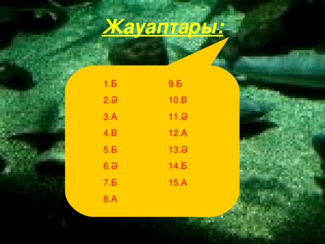 Жауаптары:    1.Б   9.Б  2.Ә   10.В  3.А   11.Ә  4.В   12.А  5.Б   13.Ә  6.Ә   14.Б  7.Б   15.А  8.А