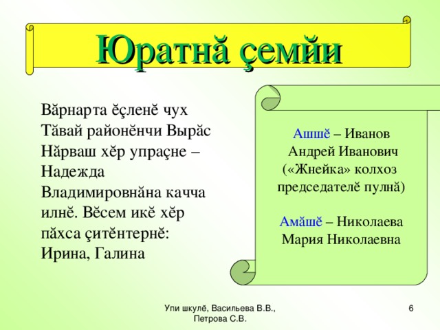 Юратнă çемйи Ашшĕ – Иванов  Андрей Иванович («Жнейка» колхоз председателĕ пулнă) Амăшĕ – Николаева Мария Николаевна Вăрнарта ĕçленĕ чух Тăвай районĕнчи Вырăс Нăрваш хĕр упраçне – Надежда Владимировнăна качча илнĕ. Вĕсем икĕ хĕр пăхса çитĕнтернĕ: Ирина, Галина Упи шкулĕ, Васильева В.В., Петрова С.В.