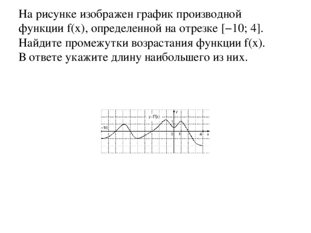 На рисунке изображен график производной функции f(x), определенной на отрезке [−10; 4]. Найдите промежутки возрастания функции f(x). В ответе укажите длину наибольшего из них.