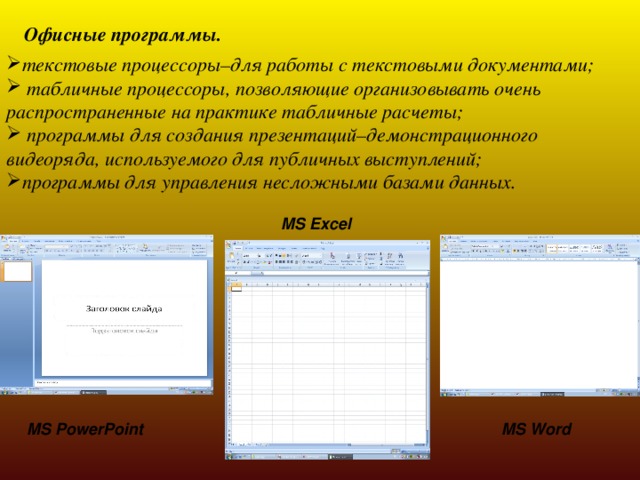 Офисные программы. текстовые процессоры–для работы с текстовыми документами;  табличные процессоры, позволяющие организовывать очень распространенные на практике табличные расчеты;  программы для создания презентаций–демонстрационного видеоряда, используемого для публичных выступлений; программы для управления несложными базами данных.  MS Excel ПК MS PowerPoint MS Word