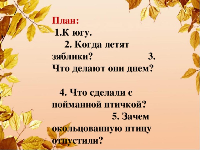 План: 1.К югу. 2. Когда летят зяблики? 3. Что делают они днем? 4. Что сделали с пойманной птичкой? 5. Зачем окольцованную птицу отпустили?