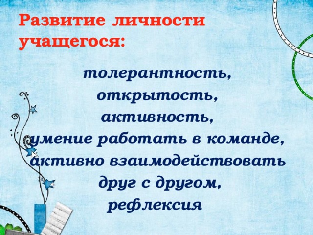 Развитие личности учащегося: толерантность, открытость, активность, умение работать в команде, активно взаимодействовать  друг с другом, рефлексия