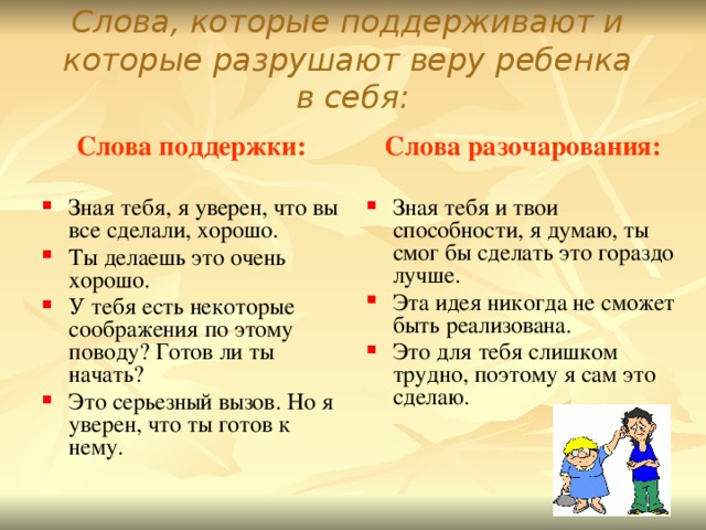 Слова, которые поддерживают и которые разрушают веру ребенка  в себя: Слова поддержки: Слова разочарования: