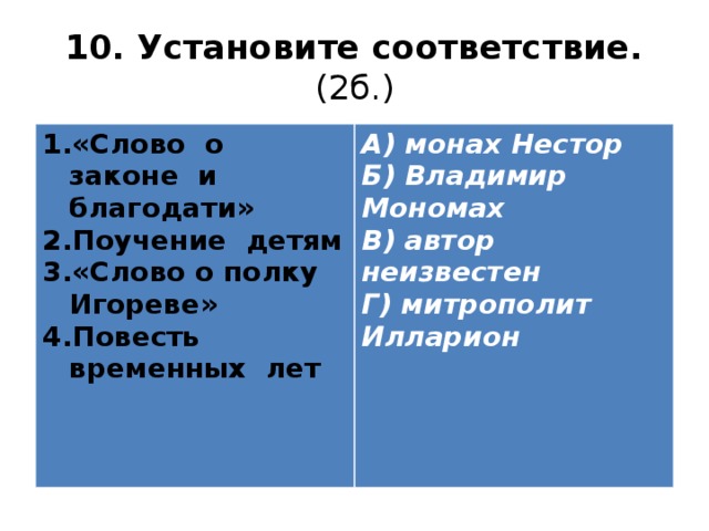 10. Установите соответствие. (2б.) «Слово о законе и благодати» Поучение детям «Слово о полку Игореве» Повесть временных лет А) монах Нестор Б) Владимир Мономах В) автор неизвестен Г) митрополит Илларион