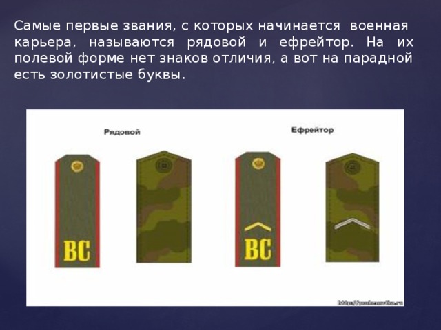 Самые первые звания, с которых начинается военная карьера, называются рядовой и ефрейтор. На их полевой форме нет знаков отличия, а вот на парадной есть золотистые буквы.