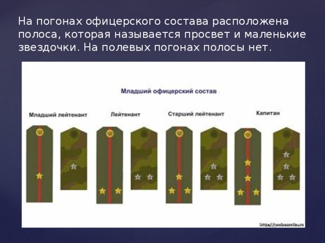 На погонах офицерского состава расположена полоса, которая называется просвет и маленькие звездочки. На полевых погонах полосы нет.