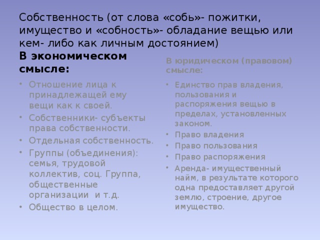 Собственность (от слова «собь»- пожитки, имущество и «собность»- обладание вещью или кем- либо как личным достоянием) В экономическом смысле: В юридическом (правовом) смысле: