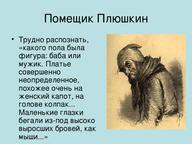 Помещик Плюшкин Трудно распознать, «какого пола была фигура: баба или мужик. Платье совершенно неопределенное, похожее очень на женский капот, на голове колпак... Маленькие глазки бегали из-под высоко выросших бровей, как мыши...» Появление с тенью