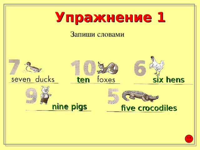 Упражнение 1 Запиши словами ten six hens nine pigs five crocodiles
