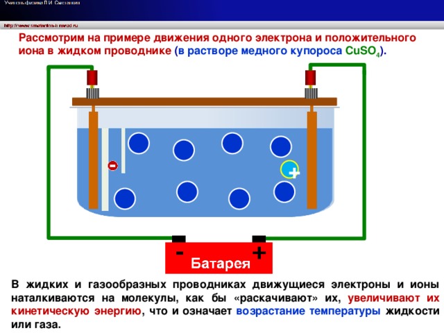 Химическое действие тока Рассмотрим на примере движения одного электрона и положительного иона в жидком проводнике ( в растворе медного купороса CuSO 4 ). + В жидких и газообразных проводниках движущиеся электроны и ионы наталкиваются на молекулы, как бы «раскачивают» их, увеличивают их кинетическую энергию , что и означает возрастание температуры жидкости или газа.