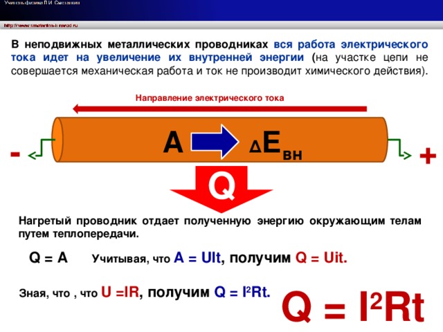 В неподвижных металлических проводниках вся работа электрического тока идет на увеличение их внутренней энергии ( на участке цепи не совершается механическая работа и ток не производит химического действия). Направление электрического тока А ∆ Е вн - + Q Нагретый проводник отдает полученную энергию окружающим телам путем теплопередачи. Q = А Учитывая, что А = UIt , получим Q = Uit. Q = I 2 Rt Зная, что , что U =IR , получим Q = I 2 Rt.