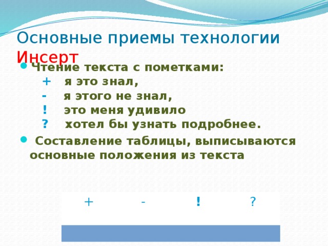 Основные приемы технологии  Инсерт Чтение текста с пометками:      + я это знал,      - я этого не знал,      ! это меня удивило      ? хотел бы узнать подробнее.   Составление таблицы, выписываются основные положения из текста         + - ! ?