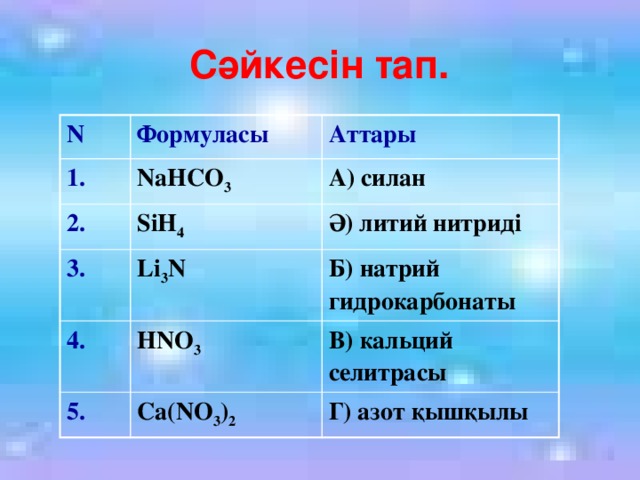 Сәйкесін тап. N Формуласы 1. Аттары NaHСO 3 2. SiH 4 А) силан 3. 4. Ә) литий нитриді Li 3 N HNO 3 Б) натрий гидрокарбонаты 5. В) кальций селитрасы Ca(NO 3 ) 2 Г) азот қышқылы