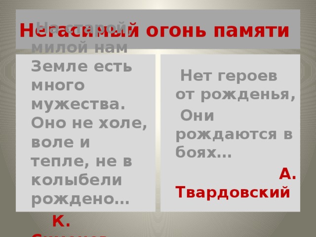 Негасимый огонь памяти  На старой, милой нам Земле есть много мужества. Оно не холе, воле и тепле, не в колыбели рождено…  Нет героев от рожденья,  К. Симонов  Они рождаются в боях…  А. Твардовский