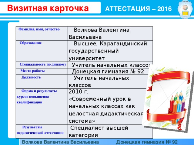 Визитная карточка АТТЕСТАЦИЯ – 2016  Фамилия, имя, отчество  Волкова Валентина Васильевна  Образование  Высшее, Карагандинский государственный университет  Специальность по диплому  Учитель начальных классов  Место работы  Донецкая гимназия № 92  Должность  Учитель начальных классов  Форма и результаты курсов повышения квалификации 2010 г.  Результаты педагогической аттестации «Современный урок в начальных классах как целостная дидактическая система»  Специалист высшей категории Волкова Валентина Васильевна  Донецкая гимназия № 92