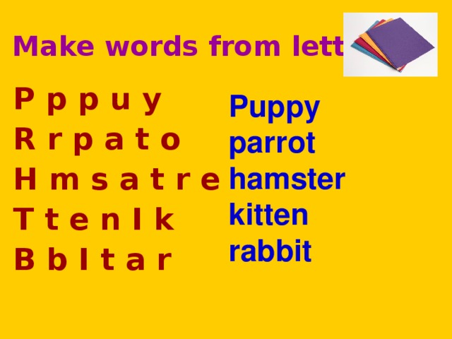 Make words from letters P p p u y R r p a t o H m s a t r e T t e n I k B b I t a r Puppy parrot hamster kitten rabbit