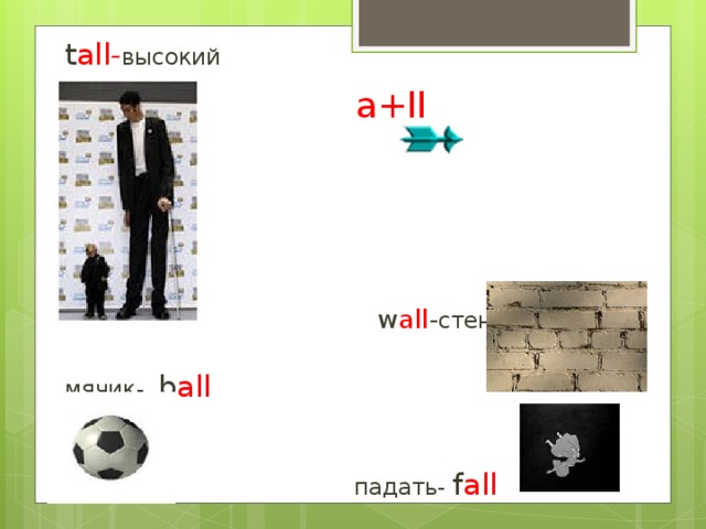 t all- высокий  w all - стена мячик-  b all  падать- f all   a+ll [ɔː] о