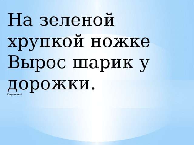 На зеленой хрупкой ножке  Вырос шарик у дорожки.  (Одуванчик)