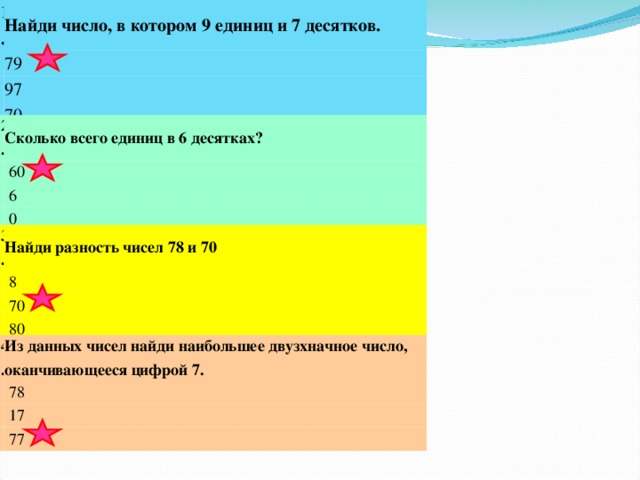 1. Найди число, в котором 9 единиц и 7 десятков. 79 97 70 2. Сколько всего единиц в 6 десятках?   60   6   0 3. Найди разность чисел 78 и 70   8   70   80 4. Из данных чисел найди наибольшее двузхначное число, оканчивающееся цифрой 7.   78   17   77