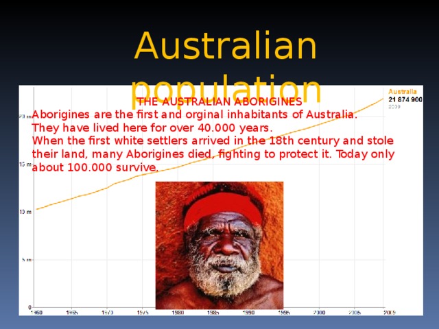 Australian population THE AUSTRALIAN ABORIGINES Aborigines are the first and orginal inhabitants of Australia. They have lived here for over 40.000 years. When the first white settlers arrived in the 18th century and stole their land, many Aborigines died, fighting to protect it. Today only about 100.000 survive.