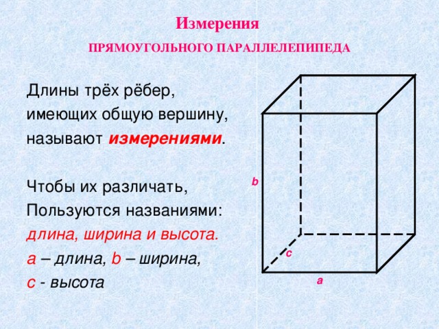 Площадь длины высоты ширины. Три измерения прямоугольного параллелепипеда. Прямоугольный параллелепипед имеет измерения. Длина ширина и высота прямоугольного параллелепипеда. Измерения прямоугольника параллелепипеда.