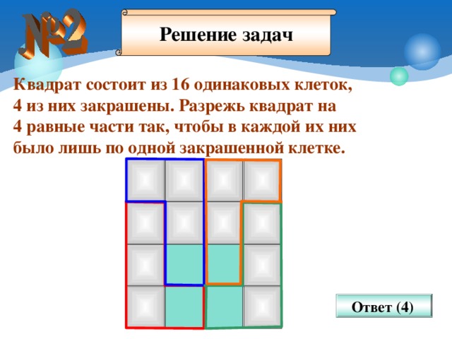 Решение задач Квадрат состоит из 16 одинаковых клеток, 4 из них закрашены. Разрежь квадрат на 4 равные части так, чтобы в каждой их них было лишь по одной закрашенной клетке. Клетка может занимать в каждой части любое место. Ответ (4)