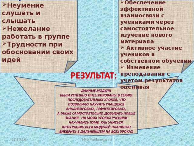 Пути их решения: Проблемы: Неумение слушать и слышать Нежелание работать в группе Трудности при обосновании своих идей Обеспечение эффективной взаимосвязи с учениками через самостоятельное изучение нового материала  Активное участие учеников в собственном обучении  Изменение преподавания с учетом результатов оценивая  21.10.16 http://aida.ucoz.ru