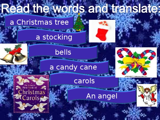 a Christmas tree  a stocking bells a candy cane carols An angel