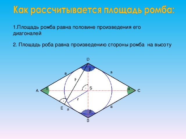 1.Площадь ромба равна половине произведения его диагоналей 2 . Площадь роба равна произведению стороны ромба на высоту