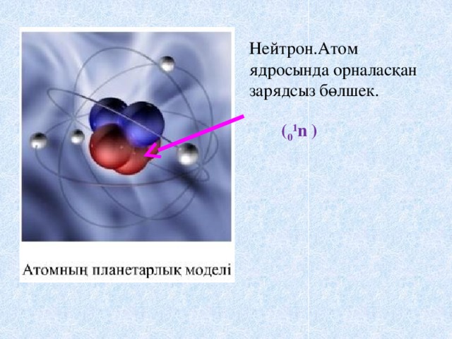 Нейтрон.Атом ядросында орналасқан зарядсыз бөлшек.   ( 0 1 n )