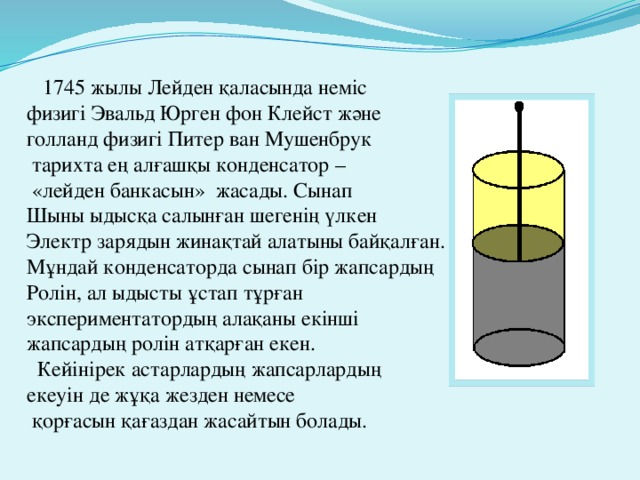 1745 жылы Лейден қаласында неміс физигі Эвальд Юрген фон Клейст және голланд физигі Питер ван Мушенбрук  тарихта ең алғашқы конденсатор –  «лейден банкасын» жасады. Сынап Шыны ыдысқа салынған шегенің үлкен Электр зарядын жинақтай алатыны байқалған. Мұндай конденсаторда сынап бір жапсардың Ролін, ал ыдысты ұстап тұрған экспериментатордың алақаны екінші жапсардың ролін атқарған екен.  Кейінірек астарлардың жапсарлардың екеуін де жұқа жезден немесе  қорғасын қағаздан жасайтын болады.