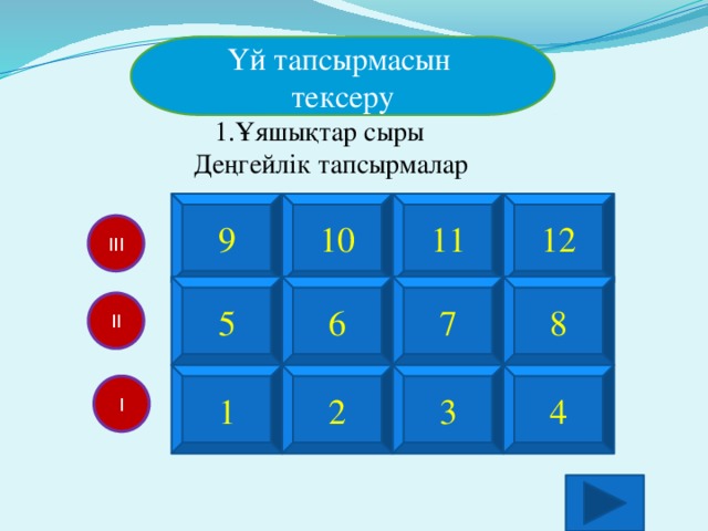 Үй тапсырмасын тексеру  1.Ұяшықтар сыры  Деңгейлік тапсырмалар 9 10 11 12 III 5 6 7 8 II 1 4 3 2 I 3