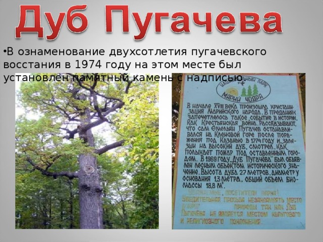 В ознаменование двухсотлетия пугачевского восстания в 1974 году на этом месте был установлен памятный камень с надписью.