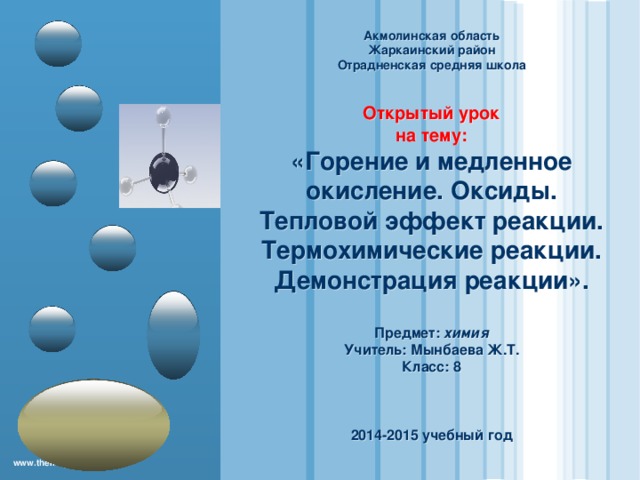 Акмолинская область  Жаркаинский район  Отрадненская средняя школа   Открытый урок  на тему:  «Горение и медленное окисление. Оксиды. Тепловой эффект реакции. Термохимические реакции. Демонстрация реакции».     Предмет: химия  Учитель: Мынбаева Ж.Т.  Класс: 8           2014-2015 учебный год