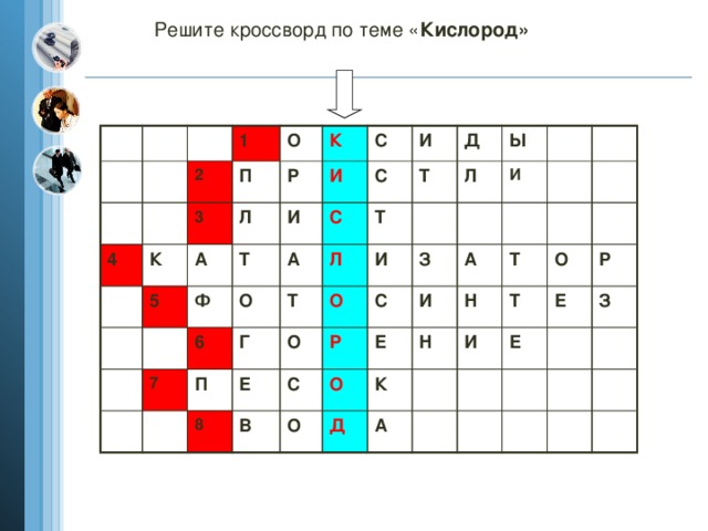 Решите кроссворд по теме « Кислород»  1 2 4 К П 3 О К 5 А Р Л Т И Ф С И О 7 И 6 А С С Л Г Т Д Т Т П Е О 8 О Л Ы И И В З Р С С И О А Е О Д Т Н К Н И Т О А Е Р Е З