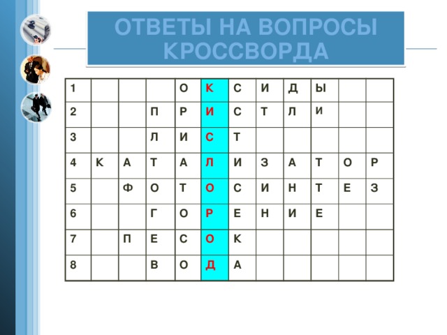 ОТВЕТЫ НА ВОПРОСЫ КРОССВОРДА 1 2 3 4 П К 5 О 6 А Л К Р Т И Ф С И 7 8 И А С С О Л Г Т Т Т П Д О Е Л И О Ы И В З Р С С О О И Е А Н Т Д Н К И Т О А Е Р Е З