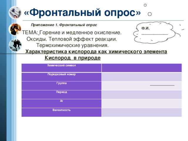 «Фронтальный опрос» Приложение 1. Фронтальный опрос Ф.И. _____________ ТЕМА:  Горение и медленное окисление. Оксиды. Тепловой эффект реакции. Термохимические уравнения.  Характеристика кислорода как химического элемента Кислород в природе  Химический символ Порядковый номер   Группа     Период Ar   Валентность    