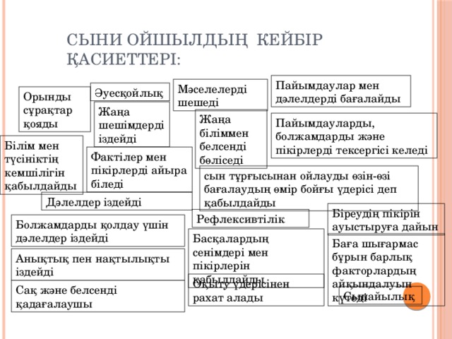 Сыни ойшылдың кейбір қасиеттері: Пайымдаулар мен дәлелдерді бағалайды Мәселелерді шешеді Әуесқойлық Орынды сұрақтар қояды Жаңа шешімдерді іздейді Жаңа біліммен белсенді бөліседі Пайымдауларды, болжамдарды және пікірлерді тексергісі келеді Білім мен түсініктің кемшілігін қабылдайды Фактілер мен пікірлерді айыра біледі сын тұрғысынан ойлауды өзін-өзі бағалаудың өмір бойғы үдерісі деп қабылдайды Дәлелдер іздейді Біреудің пікірін ауыстыруға дайын Рефлексивтілік Болжамдарды қолдау үшін дәлелдер іздейді Басқалардың сенімдері мен пікірлерін қабылдайды Баға шығармас бұрын барлық факторлардың айқындалуын күтеді Анықтық пен нақтылықты іздейді Оқыту үдерісінен рахат алады Сақ және белсенді қадағалаушы Сыпайылық